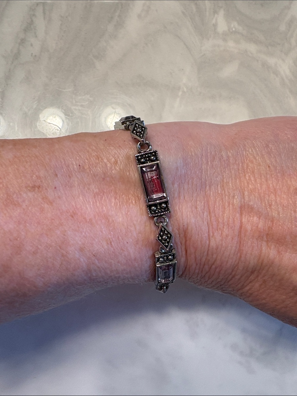 Silver Pink Glass & Marcasite Link Bracelet